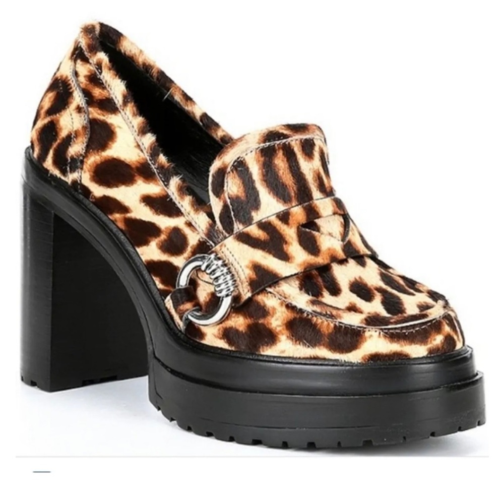 New Gianni Bini Leopard Faux Calf Hair Lug Sole Chunky Block Platform Heel Shoes